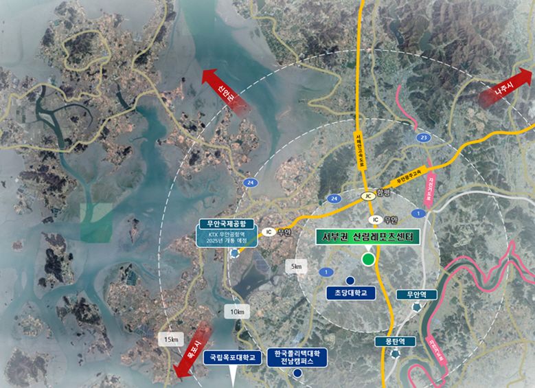 전남도는 내년 정부 예산에 서남권 첫 공립 산림레포츠센터<사진·위치도> 기본·실시설계 용역비 국비 2억1500만원이 확보돼 무안읍 일원 2만㎡에 총사업비 300억원(국비 150억원·군비 150억원)을 투입해 오는 2029년 완공을 목표로 조성 사업이 추진된다고 밝혔다. 전남도 제공