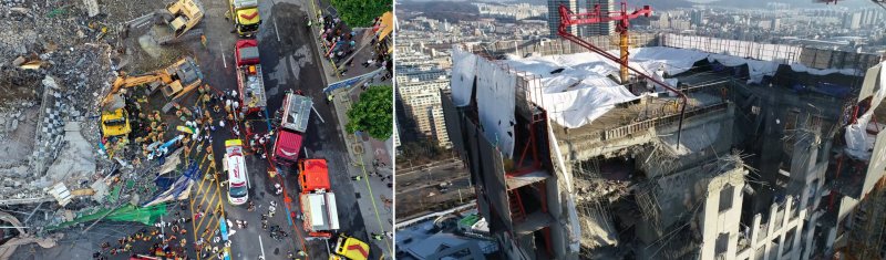 [광주=뉴시스] 이영주 기자 = 지난 11일 광주 서구 치평동 광주대표도서관 공사현장에서 붕괴사고가 난 가운데 2021년부터 전날까지 누적된 지역 공사현장 내 대형 붕괴사고가 3건에 이르고 있다. 지난 2021년 6월 광주 동구 학동에서 발생한 붕괴참사 현장(왼쪽)과 2022년 1월 서구 화정아이파크 공사현장에서 발생한 붕괴참사 현장. 2025.12.12. leeyj2578@newsis.com