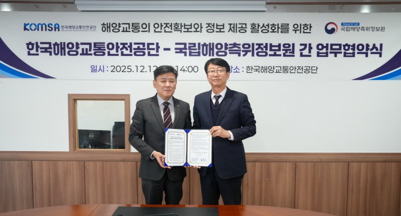 [서울=뉴시스] 한국해양교통안전공단(KOMSA)은 지난 12 세종 본사에서 국립해양측위정보원(NMPNT)과 ‘해양교통 안전 확보와 국민의 안전한 바다 이용 지원’을 위한 업무협약(MOU)을 체결했다고 14일 밝혔다. (사진=KOMSA 제공) 2025.12.14. photo@newsis.com *재판매 및 DB 금지