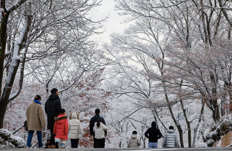 지난 밤 내린 눈이 쌓인 14일 서울 용산구 남산공원을 찾은 시민들이 겨울풍경을 만끽하고 있다. 2025.12.14/뉴스1 ⓒ News1 이호윤 기자