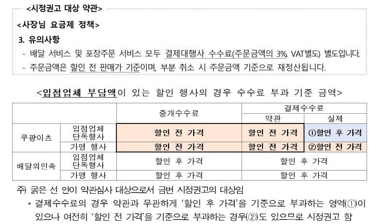 쿠팡이츠 시정권고 관련 공정위 보도자료 캡처. 공정위 제공