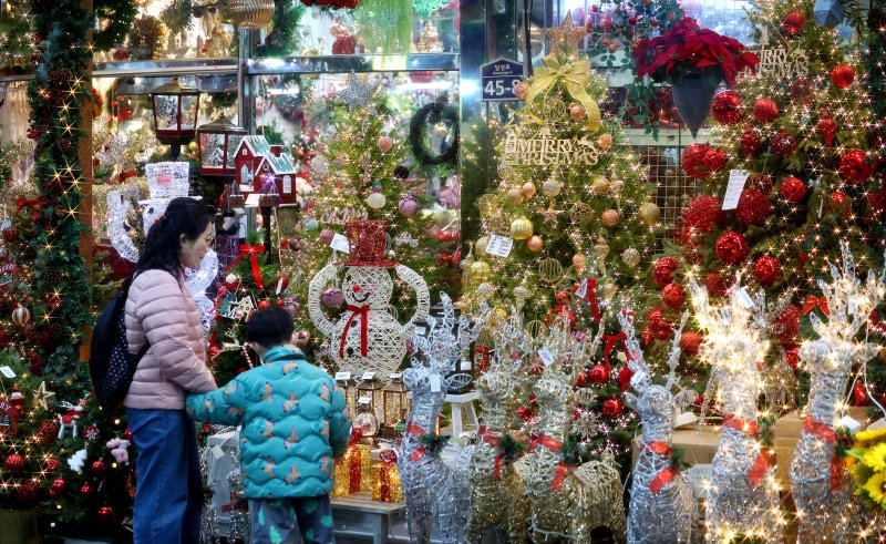 [대구=뉴시스] 이무열 기자 = 크리스마스를 앞둔 14일 대구 중구 서문시장에서 시민들이 크리스마스트리와 장식 소품을 바라보고 있다. 2025.12.14. lmy@newsis.com
