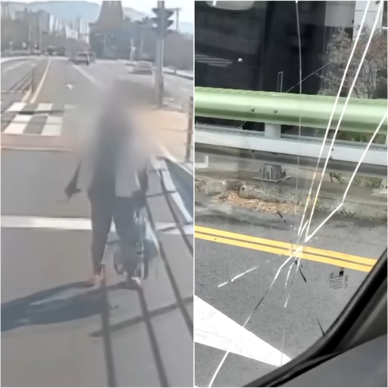 [뉴시스] 경남 창원의 한 여성이 달리는 시내버스 앞을 가로막고 유리창을 휴대전화로 내리쳐 깨는 등 난동을 부린 사건이 알려졌다. (사진 = 'JTBC News' 유튜브 갈무리) 2025.12.15. *재판매 및 DB 금지