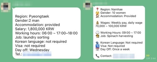 '비자 필요 없다'는 유학생 대상의 불법 아르바이트 공고 (출처=연합뉴스)