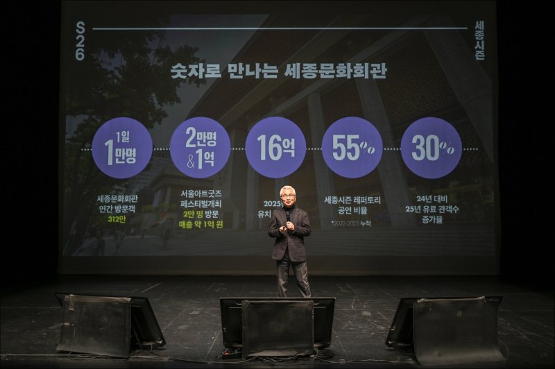 [서울=뉴시스]안호상 세종문화회관 사장이 22일 서울 종로구 세종문화회관에서 열린 '2026 세종문화회관 사업발표회'에서 내용을 발표하고 있다. (사진=세종문화회관 제공)
