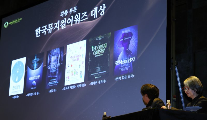 이종규(왼쪽) 한국뮤지컬협회 이사장과 고희경(홍익대 공연예술대학원장) 한국뮤지컬어워즈 후보추천위원장이 22일 서울 종로구 홍익대학교 대학로 아트센터에서 열린 제10회 한국뮤지컬어워즈 기자간담회에서 최종 후보작 발표하고 있다. 뉴시스