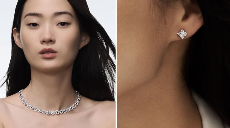 배우 신민아가 착용한 루이비통 '갤럭시 목걸이, 화이트 골드와 다이아몬드'(왼쪽), 'LV 다이아몬드 (LV Diamonds) 스터드'/사진=루이비통 공식 홈페이지 캡처