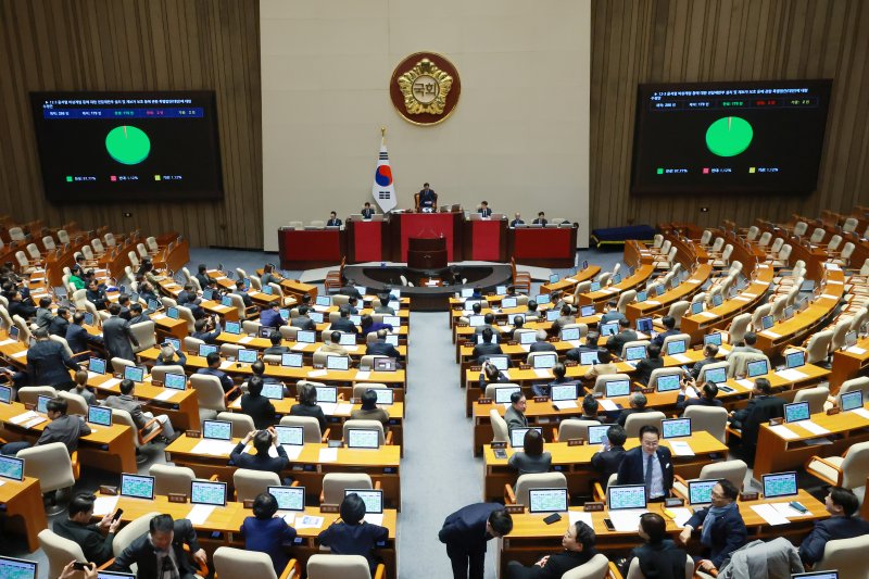 23일 국회에서 열린 12월 임시국회 본회의에서 12·3 비상계엄 등에 대한 전담재판부 설치 및 제보자 보호 등에 관한 특별법(내란전담재판부 설치법)이 무제한 토론(필리버스터) 끝에 더불어민주당 주도로 통과되고 있다.. 연합뉴스