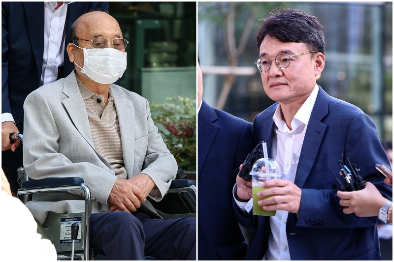 이봉관 서희건설 회장과(왼쪽) 맏사위인 박성근 전 국무총리 비서실장이 2일 서울 종로구 광화문에 마련된 김건희 특검팀 사무실에 조사를 위해 출석하고 있다. 2025.9.2/뉴스1 ⓒ News1 김도우 기자