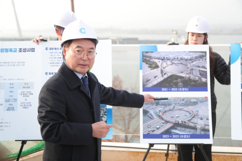 춘천 호반사거리 원형육교 사업 살피는 육동한 시장 (출처=연합뉴스)