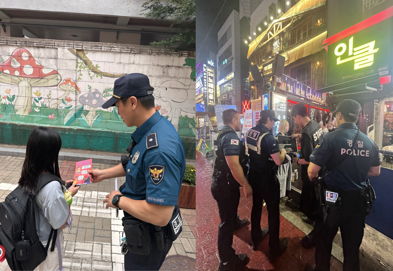 장주웅 경위가 초등학생에게 어린이 유인 주의 홍보물을 설명하고 있다. (오른쪽) 장 경위와 동료 경찰들이 홍대 유흥가에서 계도활동을 벌이고 있다. 본인 제공
