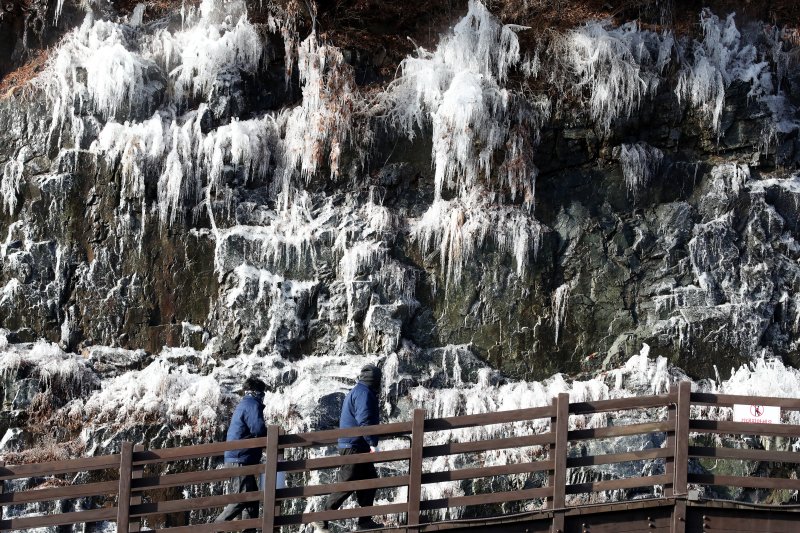 세밑 한파가 기승을 부린 31일 대구 달성군 옥연지 송해공원 인공빙벽이 꽁꽁 얼어 장관을 이루고 있다. 2025.12.31/뉴스1 ⓒ News1 공정식 기자