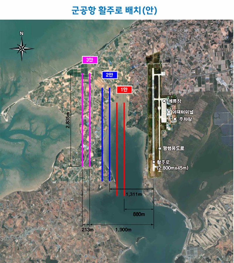 [무안=뉴시스] 무안 군공항 활주로 배치안. (사진=공항 소음대책토론회 발제자료). photo@newsis.com *재판매 및 DB 금지
