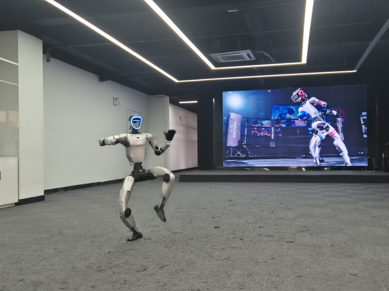 또 다른 유니트리 휴머노이드 로봇이 돌려차기 등 큰 움직임으로 퍼포먼스를 펼치고 있다.