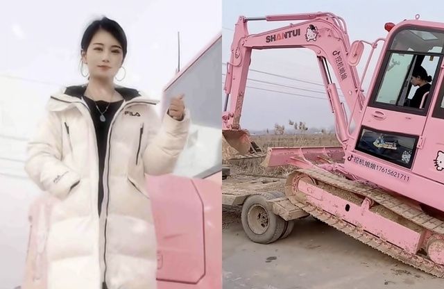 헬로키티 굴착기로 건설현장에서 눈길을 사로잡고 있는 중국 여성. SCMP