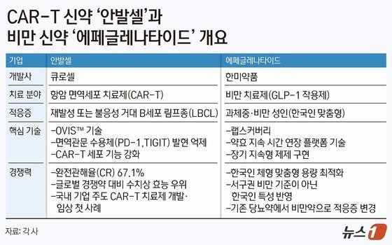 CAR-T 신약 ‘안발셀’과 비만 신약 ‘에페글레나타이드’ 개요.(출처 각 사)/뉴스1 김지영 디자이너