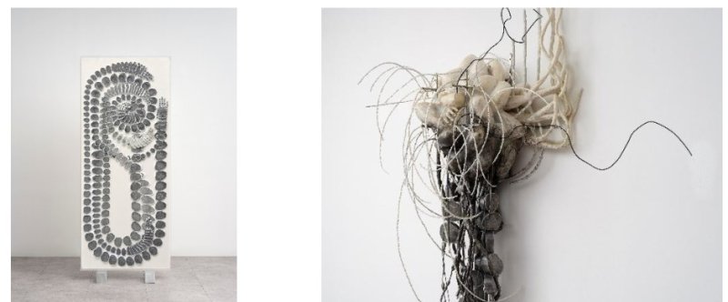 〈학대의 리듬〉, 2025, 아크릴 판, 스티로폼, 우레탄 레진, 실리콘, 퍼티, (알루미늄 바 제외) 76×181×12 cm. © 김상태. 사진 제공: 작가. 〈죽는 중〉, 2025, 우레탄 레진, 에폭시 퍼티, 스테인리스 스틸 파이프, 브론즈 철사, 실리콘, 실리콘 호스, 흑연가루, (검은 철사 제외) 약 140×70×280 cm. © 김상태. 사진 제공: 작가. *재판매 및 DB 금지