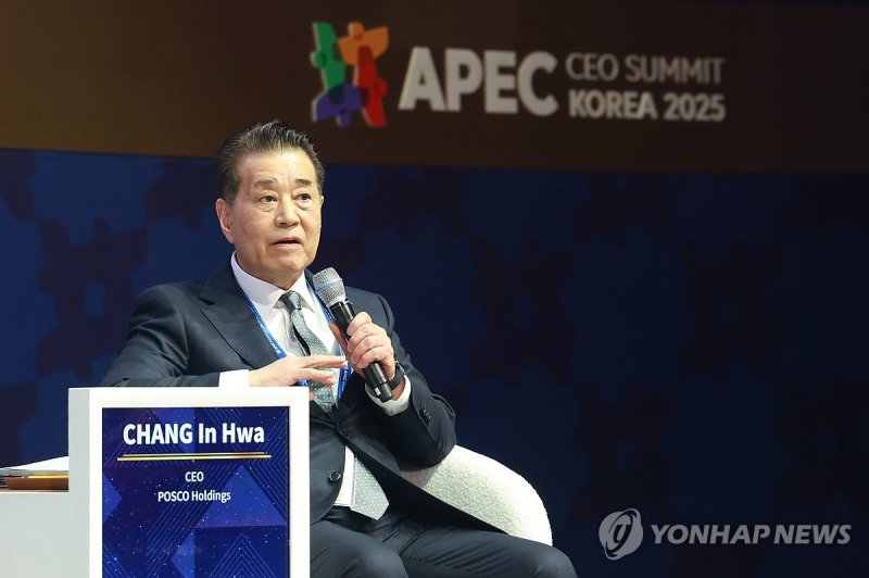 APEC CEO 서밋에서 발언하는 장인화 회장 (출처=연합뉴스)