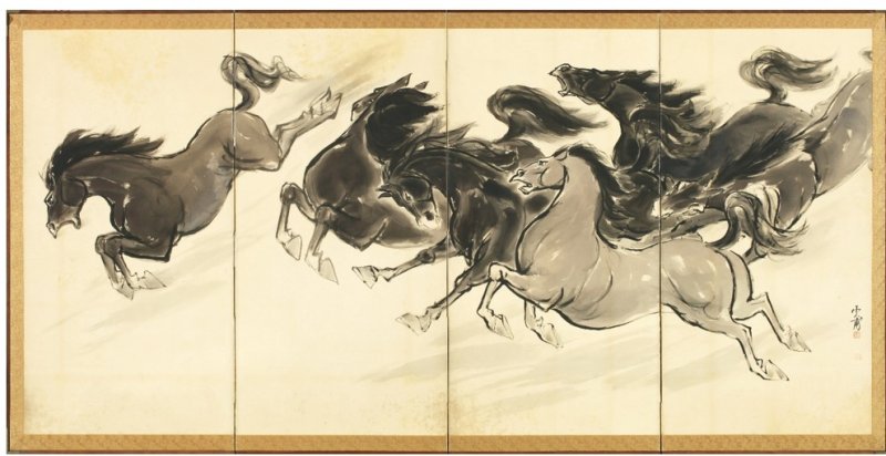 운보 김기창, <군마도>(1950-1960년대 추정), 종이에 수묵채색; 4폭 병풍, 169 x 335 cm (154 x 80 cm x 4 ea.) 아라리오뮤지엄 소장. ⓒ(재)운보문화재단. *재판매 및 DB 금지