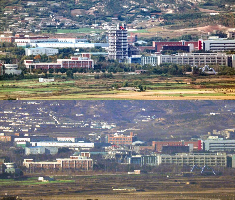 [파주=뉴시스] 조성우 황준선 기자 = 30일 경기 파주시 접경지역에서 바라본 북한 개성공단 종합지원센터 건물이 철거 작업으로 인해 일부분만 남아 있다. 위쪽은 지난 10월 철거 작업 중인 개성공단 종합지원센터 모습. 2025.12.30. xconfind@newsis.com, hwang@newsis.com