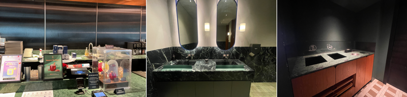 옛 느낌이 나도록 바의 상판과 화장실 개수대, 컨디먼트바의 상판에 벽난로 벽면의 소재와 유사한 형태의 초록색 대리석을 사용했다. /사진=서윤경 기자