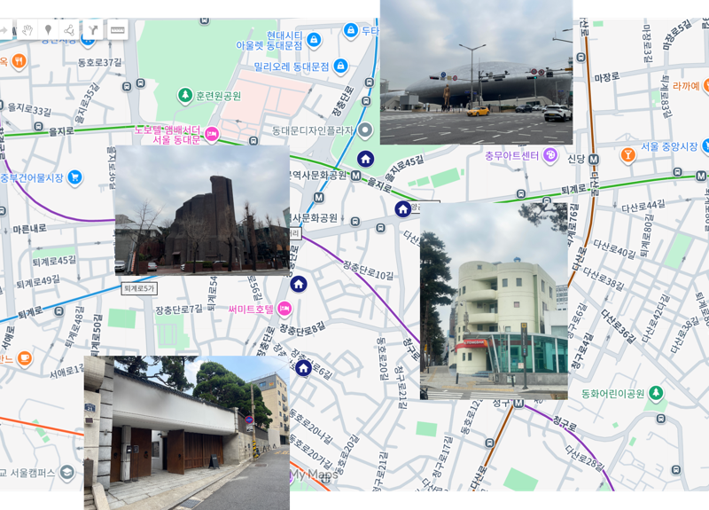 장충라운지R과 인접한 곳에 있는 김수근의 경동교회, 김중업의 서산부인과 건물과 자하 하디드의 DDP. /사진=서윤경 기자·구글맵