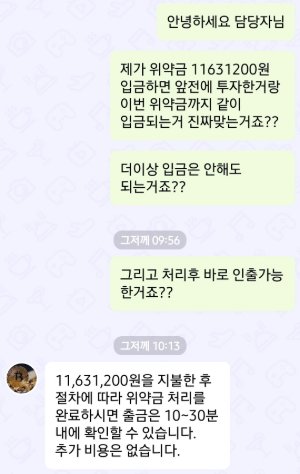 [서울=뉴시스] 팀미션피싱 피해자와 담당자가 나눈 대화 내용 (사진=독자 제공) photo@newsis.com *재판매 및 DB 금지 *재판매 및 DB 금지