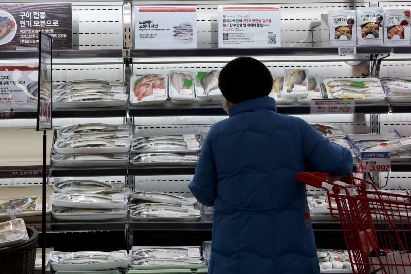 4일 서울 중구의 대형마트를 찾은 시민이 매대에 진열된 국내산과 노르웨이산 고등어를 살펴보고 있다. 2026.1.4/뉴스1 ⓒ News1 이광호 기자