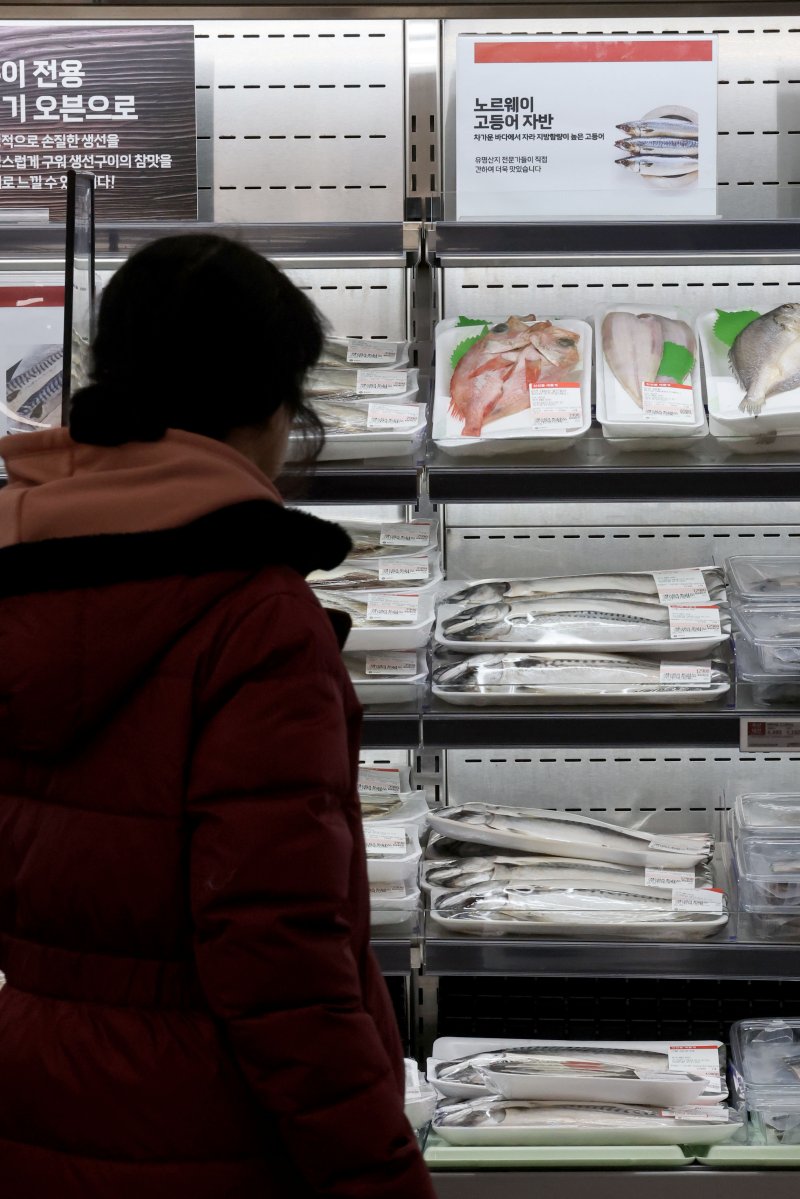 4일 서울 중구의 대형마트를 찾은 시민이 매대에 진열된 국내산과 노르웨이산 고등어를 살펴보고 있다. 2026.1.4/뉴스1 ⓒ News1 이광호 기자