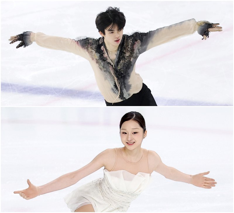 피겨스케이팅 선수 차준환(위)과 신지아가 4일 서울 양천구 목동 아이스링크에서 열린 제80회 전국남녀 피겨스케이팅 종합선수권대회 프리 스케이팅에서 연기를 펼치고 있다. ⓒ News1 김성진 기자