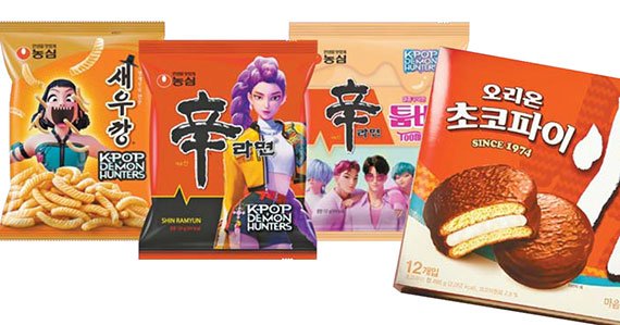 새우깡(왼쪽부터), 신라면, 신라면 툼바 제품과 리뉴얼된 오리온 '초코파이 정(情)' 패키지. 농심·뉴시스