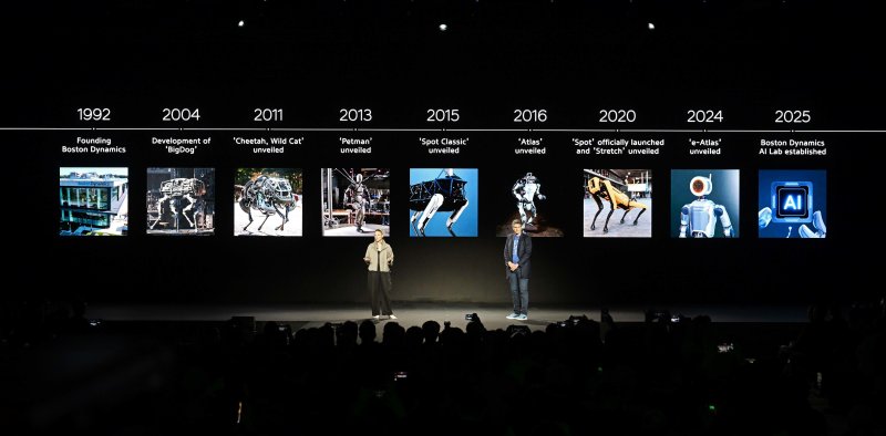 세계 최대 가전·정보기술(IT) 전시회 'CES 2026' 개막을 하루 앞둔 5일(현지시간) 미국 네바다주 라스베이거스 만달레이베이에서 열린 현대차그룹 프레스 컨퍼런스에서 잭 잭코우스키 보스턴다이나믹스 아틀라스 개발 총괄과 아야 더빈 보스턴다이나믹스 휴머노이드 응용전략 담당이 차세대 전동식 아틀라스 개발형 모델을 소개하고 있다. (공동취재) 2026.1.6/뉴스1 ⓒ News1 황기선 기자