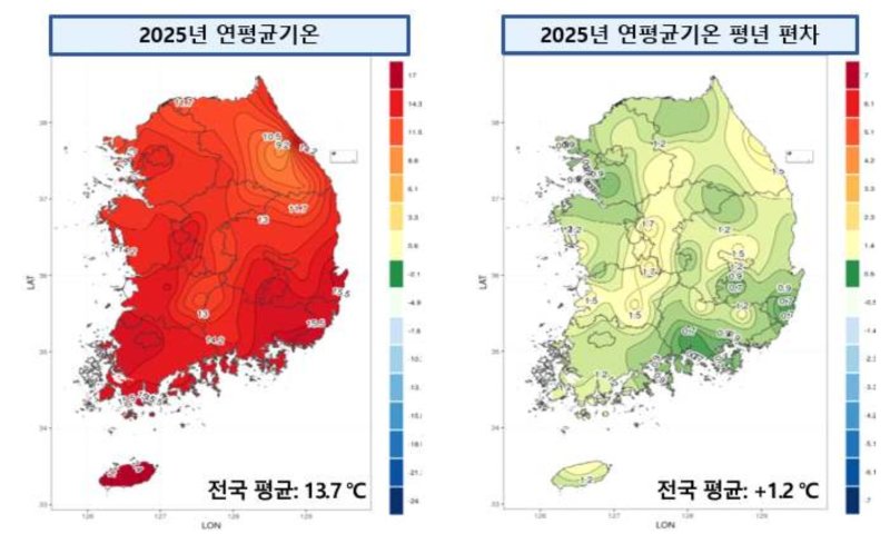 2025년 전국 연평균기온 및 평년 편차 분포도(기상청 제공) ⓒ 뉴스1
