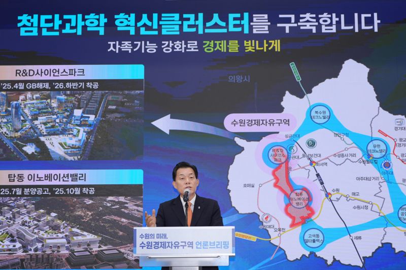이재준 수원시장이 지난해 6월 브리핑에서 첨단과학연구도시, 수원 경제자유구역 구상을 밝히고 있다. 수원시 제공