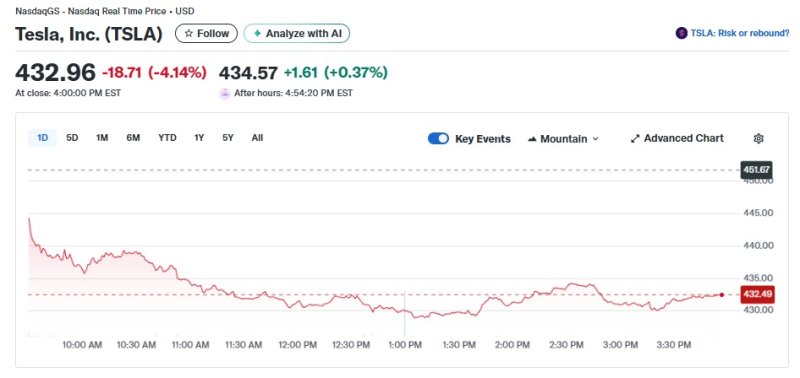 테슬라 일일 주가추이 - 야후 파이낸스 갈무리