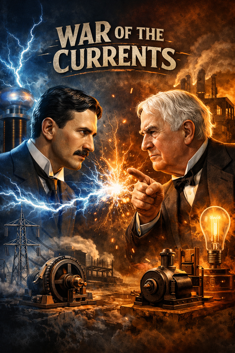 니콜라 테슬라와 토머스 에디슨의 전류전쟁을 표현한 생성형 이미지. 챗GPT
