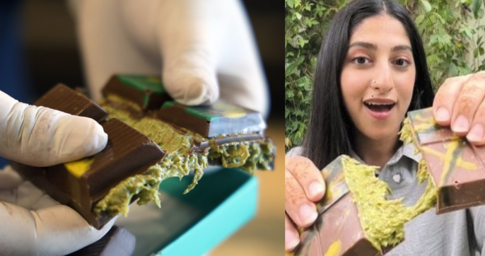 2024년 하반기 두바이 초콜릿이 한국의 디저트 시장을 강타했다. '두바이 초콜릿' 열풍을 일으킨 원조 제품은 두바이의 고급 초콜릿 브랜드 '픽스 디저트 쇼콜라티에'에서 만든 피스타치오 카다이프 초콜릿(왼쪽)과 두바이 초콜릿을 먹는 영상을 공유한 현지 인플루언서. /연합뉴스, TikTok(@hibaxkh)