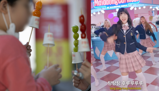 과일을 나무 꼬치에 꽂아 설탕 시럽을 입힌 중국식 길거리 간식 탕후루의 유행은 사회적 거리두기가 해제된 2022년 10월을 기점으로 본격화됐다. 사진은 형형색색의 탕후루를 먹고 있는 초등학생들(왼쪽)과 '마라탕후루' 챌린지를 유행시킨 가수 서이브. /뉴스1, 서이브 유튜브