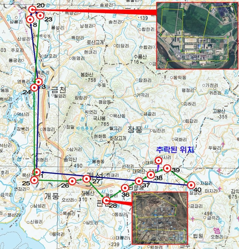 (평양 노동신문=뉴스1) = 북한 노동당 기관지 노동신문은 10일 인민군 총참모부 대변인 성명을 게재하며 "지난해 9월 27일 11시 15분경 한국의 경기도 파주시 적성면 일대에서 이륙한 적무인기는 우리측 지역 황해북도 평산군일대 상공에까지 침입하였다가 개성시 상공을 거쳐 귀환하던 중 아군 제２군단 특수군사기술수단의 전자공격에 의하여 14시 25분경 개성시 장풍군 사시리 지역의 논에 추락했다＂고 보도했다.사진은 지난해 9월 추락한 무인기의 비행 경로. [국내에서만 사용가능. 재배포 금지. DB 금지. For Use Only in t
