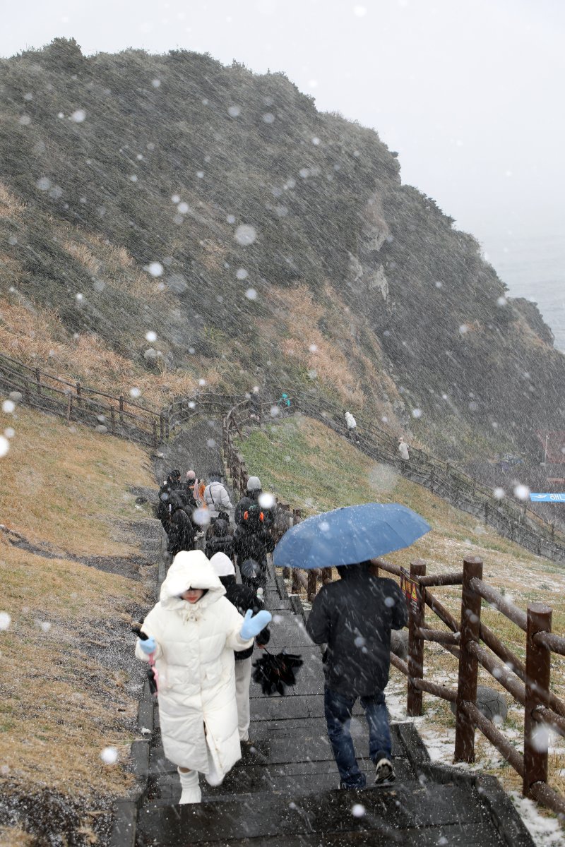 제주에 대설·강풍·풍랑특보가 내려진 11일 오후 서귀포시 성산일출봉에 눈보라가 치고 있다. 2026.1.11/뉴스1 ⓒ News1 오미란 기자
