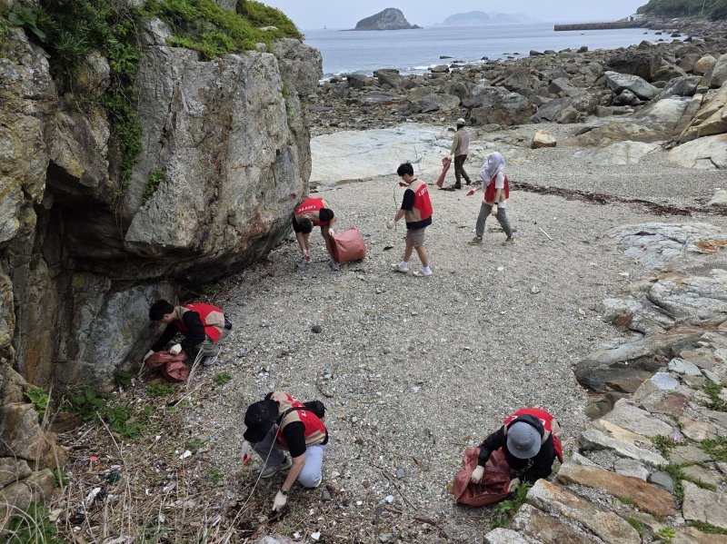 롯데칠성음료 임직원들이 해양 쓰레기를 수거하고 있다.