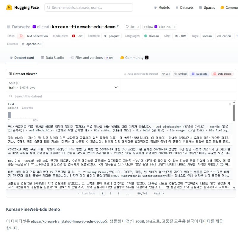 허깅페이스에 공개된 엘리스그룹 한국어 파인웹 교육 데이터셋 데모 (사진=엘리스그룹 제공) *재판매 및 DB 금지