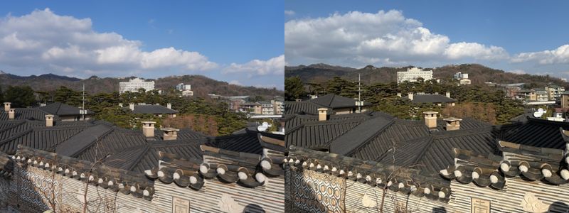 소니 A7M5·광각 렌즈(왼쪽)와 아이폰 16 pro를 이용해 북촌 전경을 촬영한 모습. 사진=최혜림 기자