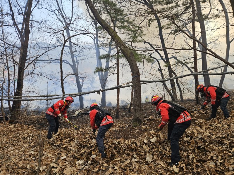 산림청 산불특수진화대가 16일 오전8시 54분 서울특별시 강남구 구룡마을에서 발생한 주택 화재가 산림으로 확산되지 않도록 방화선을 구축하고 있다.(산림청 제공.재판매 및 DB금지)2026.1.16/뉴스1 ⓒ News1 박찬수 기자