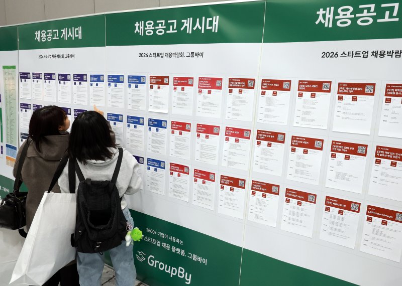 서울 강남구 코엑스에서 열린 ‘2026 스타트업 채용박람회’를 찾은 구직자들이 채용공고 게시대를 살펴보고 있다. 2026.1.11/뉴스1 ⓒ News1 이호윤 기자