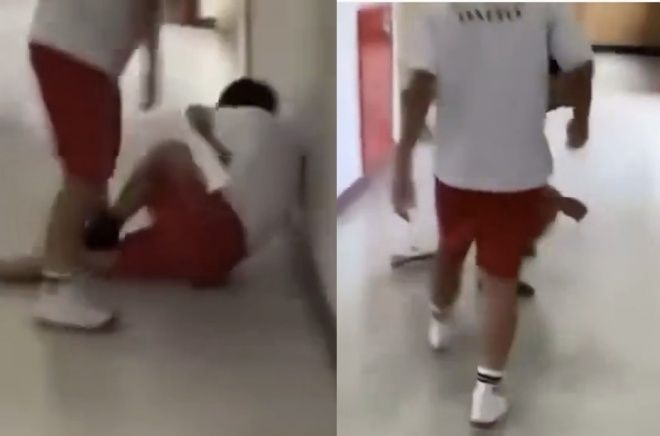 일본 오이타현의 한 중학교에서 촬영돼 SNS에 확산한 학교 폭력 영상. 한 학생이 복도에서 또래 학생을 무차별 폭행하고, 피해 학생은 아무런 저항도 하지 못하고 있다. 자료 : 엑스