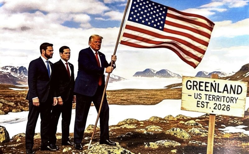 도널드 트럼프 미국 대통령이 20일(현지 시간) 트루스소셜에 '그린란드-2026년부터 미국 영토' 라는 문구가 적힌 팻발 앞에 성조기를 들고 있는 합성 사진을 게재했다. 왼쪽부터 JD 밴스 미국 부통령, 마코 루비오 미국 국무장관, 도널드 트럼프 대통령. (트럼프 대통령 트루스소셜 캡처. 재판매 및 DB금지) 2026.1.21/뉴스1 /사진=뉴스1