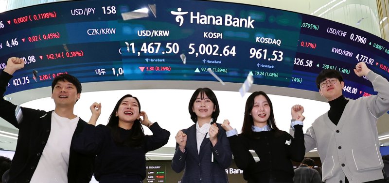 [서울=뉴시스] 최진석 기자 = 코스피가 꿈의 숫자로 여겨지던 '오천피'에 도달하며 코스피 5000 시대가 열린 22일 오전 서울 중구 하나은행 딜링룸에서 관계자들이 코스피 5000 돌파를 축하하고 있다. 코스피는 전 거래일(4909.93)보다 77.13포인트(1.57%) 상승한 4987.06에 개장했다.2026.01.22. myjs@newsis.com