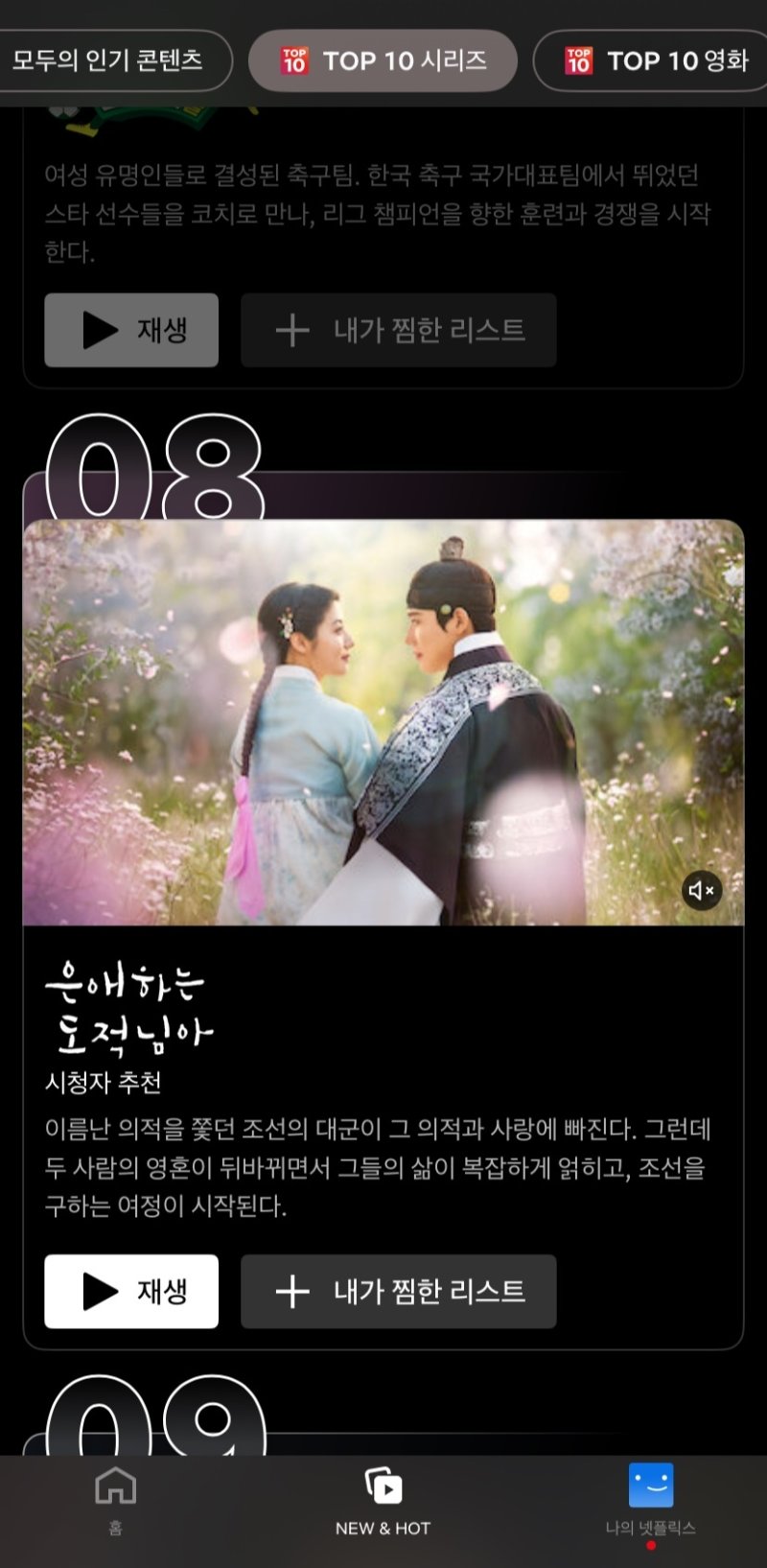 네이버웹툰에서 웹툰을 선공개한 드라마 '은애하는 도적님아'가 넷플릭스 톱 10 시리즈 순위권에 올라 있다. (넷플릭스 갈무리)