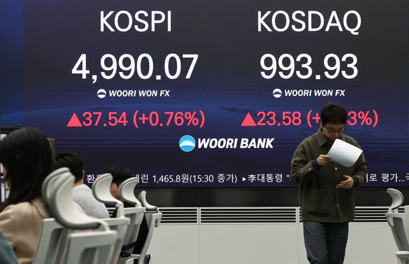 23일 서울 중구 우리은행 본점 딜링룸 전광판에 종가가 표시되고 있다. 2026.1.23/뉴스1 ⓒ News1 김도우 기자